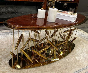 Casa Padrino Luxus Couchtisch Braun / Gold 120 x 51 x H. 47 cm - Ovaler Edelstahl Wohnzimmertisch mit Massivholz Tischplatte - Wohnzimmer Mbel - Hotel Mbel - Luxus Mbel