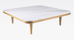 Casa Padrino Luxus Couchtisch Wei / Naturfarben 120 x 120 x H. 35 cm - Moderner Eichenholz Wohnzimmertisch mit Volakas Marmorplatte - Wohnzimmer Mbel