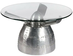 Casa Padrino Luxus Couchtisch Flugzeug Propeller Silber  90 x H. 51 cm - Runder Aluminium Wohnzimmertisch mit Glasplatte - Aluminium Flugzeug Flieger M�bel - Wohnzimmer M�bel - Luxus M�bel