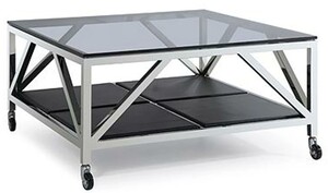 Casa Padrino Luxus Couchtisch Silber / Schwarz 100 x 100 x H. 50 cm - Quadratischer Wohnzimmertisch mit Rauchglasplatte und Rollen