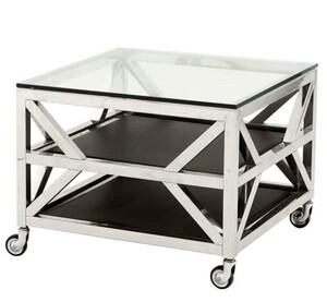 Casa Padrino Luxus Couchtisch auf Rollen Silber / Schwarz 65 x 65 x H. 50 cm - Edelstahl Wohnzimmertisch mit Glasplatte