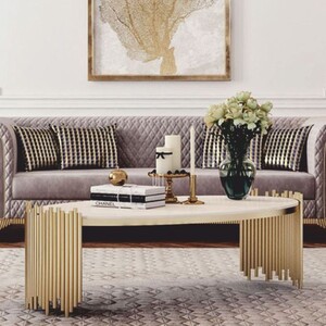 Casa Padrino Luxus Couchtisch mit Kunstmarmor Tischplatte Wei� / Gold  101 cm - Luxus M�bel