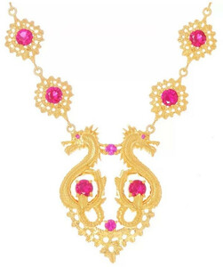 Casa Padrino Luxus Damen Halskette Drachen Gold / Rot - Handgefertigte vergoldete Sterlingsilber Kette mit Edelsteinen - Eleganter Luxus Damenschmuck