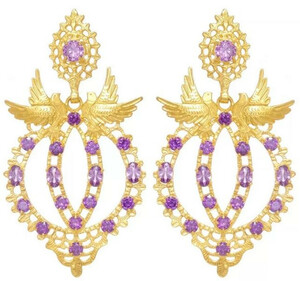Casa Padrino Luxus Damen Ohrringe Gold / Lila - Elegante vergoldete Sterlingsilber Ohrringe mit Edelsteinen - Handgefertigter Luxus Damenschmuck