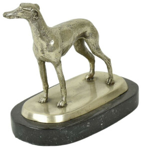Casa Padrino Luxus Deko Bronzefigur Windhund Silber / Schwarz 22 x 13 x H. 19 cm - Bronze Skulptur mit Marmorsockel - Dekofigur - Deko Accessoires