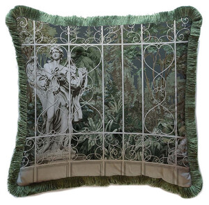 Casa Padrino Luxus Barock Deko Kissen Skulptur Grau / Braun / Gr�n 45 x 45 cm - Bedrucktes Samt Kissen mit Fransen - Luxus Barock Deko Accessoires