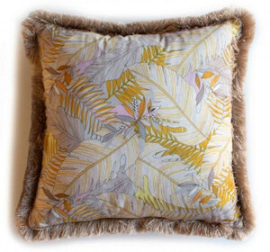 Casa Padrino Luxus Deko Kissen Bl�tter Design Mehrfarbig / Braun 45 x 45 cm - Bedrucktes Samt Kissen mit Fransen - Deko Accessoires