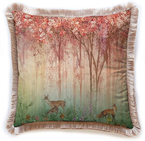 Casa Padrino Luxus Deko Kissen Wald & Tiere Mehrfarbig / Braun 45 x 45 cm - Bedrucktes Samt Kissen mit Fransen - Luxus Deko Accessoires