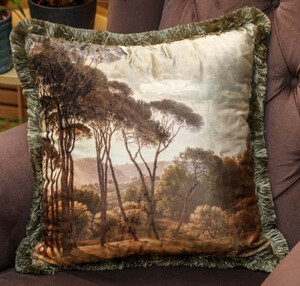 Casa Padrino Luxus Deko Kissen Landschaft Mehrfarbig / Gr�n 45 x 45 cm - Bedrucktes Samt Kissen mit Fransen - Luxus Kollektion