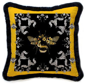Casa Padrino Luxus Deko Kissen Hummel & Blumen Mehrfarbig / Schwarz 45 x 45 cm - Bedrucktes Samt Kissen mit Fransen - Luxus Deko Accessoires