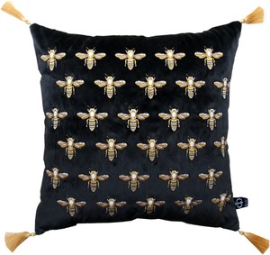 Casa Padrino Luxus Deko Kissen mit Troddeln Bees Schwarz / Gold 45 x 45 cm - Feinster Samtstoff - Luxus Deko Accessoires
