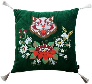 Casa Padrino Luxus Deko Kissen mit Troddeln Cat Gr�n / Wei� 45 x 45 cm - Feinster Samtstoff - Wohnzimmer Kissen