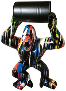 Casa Padrino Luxus Deko Skulptur Gorilla Affe mit Fass Schwarz / Mehrfarbig H. 140 cm - Gro�e Deko Figur - XXL Deko Skulptur - XXL Deko Figur - Wohnzimmer Deko - Garten Deko - Luxus Figuren