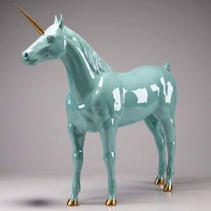 Casa Padrino XXL Deko Skulptur Einhorn Pferd T�rkis / Gold 245 cm - Lebensgro�e Deko Figur - XXL Tierfigur - Garten Skulptur