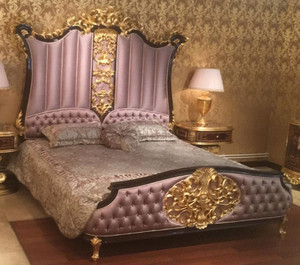 Casa Padrino Luxus Barock Doppelbett Rosa / Dunkelbraun / Gold - Edles Massivholz Bett mit Kopfteil - Prunkvolle Schlafzimmer Möbel im Barockstil