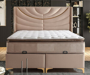 Casa Padrino Luxus Doppelbett Beige / Gold - Verschiedene Gren - Massivholz Bett mit Kopfteil und Matratze - Schlafzimmer Mbel - Hotel Mbel - Luxus Mbel