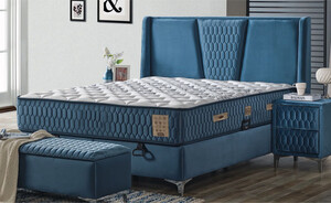 Casa Padrino Luxus Doppelbett Blau / Wei� / Silber 180 x 200 cm - Massivholz Bett mit Kopfteil und Matratze - Schlafzimmer M�bel - Hotel M�bel - Luxus M�bel - Luxus Einrichtung