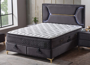 Casa Padrino Luxus Doppelbett Lila / Wei / Gold 180 x 200 cm - Massivholz Bett mit LED Beleuchtung und Matratze - Schlafzimmer Mbel - Hotel Mbel - Luxus Mbel - Luxus Einrichtung