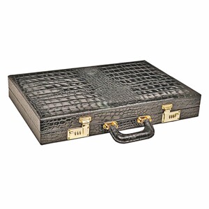 Casa Padrino Luxus Echtleder Backgammon Aktenkoffer Schwarz Kroko Optik - Luxus Accessoires