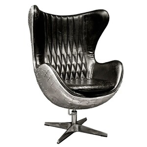 Casa Padrino Luxus Echtleder Drehsessel Schwarz / Silber 79 x 84 x H. 111 cm - Aluminium Flugzeug Flieger M�bel