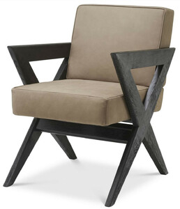 Casa Padrino Luxus Echtleder Esszimmerstuhl mit Armlehnen Beige / Schwarz 59 x 74 x H. 88 cm - Kchenstuhl mit edlem Nubuk Bffelleder - Luxus Esszimmer Mbel