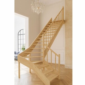 Casa Padrino Luxus Eck-Holztreppe mit Gelnder rechte Seite Naturfarben H. 304 cm