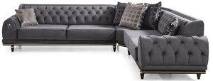 Casa Padrino Luxus Art Deco Chesterfield Ecksofa Grau / Schwarz / Gold 320 x 285 x H. 82 cm - Edles Wohnzimmer Sofa mit dekorativen Kissen - Luxus Qualitt