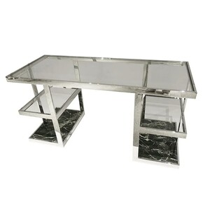 Casa Padrino Luxus Edelstahl Schreibtisch Silber / Gr�n 150 x 60 x H. 76 cm - B�rotisch mit Glasplatte und Marmor