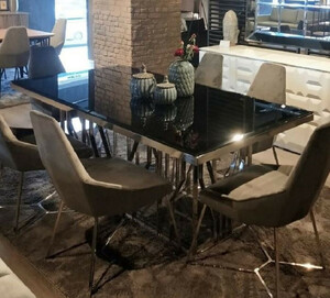 Casa Padrino Luxus Esstisch Silber / Schwarz 200 x 100 x H. 77 cm - Rechteckiger Edelstahl K�chentisch mit Glasplatte - Esszimmer M�bel - Luxus M�bel - Luxus Einrichtung
