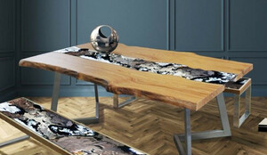 Casa Padrino Luxus Esstisch Naturfarben / Mehrfarbig / Silber 200 x 100 x H. 75 cm - Moderner Massivholz Tisch mit edlem Lavastein und Edelstahl Gestell - Esszimmmer M�bel - Luxus Qualit�t