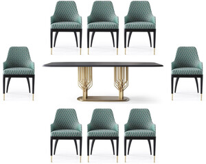 Casa Padrino Luxus Esszimmer Set Gr�n Muster / Schwarz / Messing - 1 Luxus Esstisch & 8 Luxus Esszimmerst�hle - Esszimmer M�bel - Luxus M�bel - Luxus Kollektion