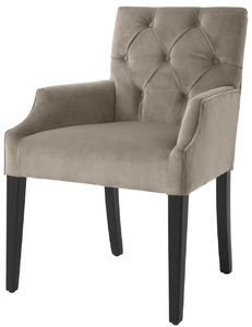 Casa Padrino Luxus Esszimmerstuhl mit Armlehnen Greige / Schwarz 63 x 65 x H. 90 cm - Chesterfield K�chenstuhl mit edlem Samtstoff - Luxus Esszimmer M�bel