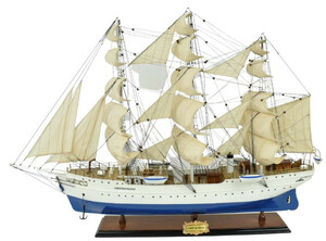 Casa Padrino Luxus Segelschiff Christian Radich Wei� / Blau 97 x 30 x H. 70 cm - Handgefertigtes Deko Schiff - Holzschiff - Modellschiff - Deko Accessoires - Luxus Wohnzimmer Deko