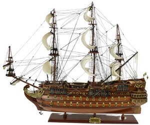 Casa Padrino Luxus Flaggschiff San Felipe Dunkelbraun / Braun / Messing 95 x 29 x H. 90 cm - Handgefertigtes Spanisches Deko Schiff - Holzschiff - Segelschiff - Kriegsschiff - Deko Accessoires