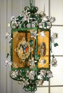 Casa Padrino Luxus H�ngeleuchte Laterne Gr�n / Wei� / Gold B. 40 x T. 40 x H. 75 cm - Handgefertigte Laterne mit Rosen und Malerei - Luxus Leuchten