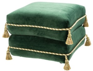 Casa Padrino Luxus Sitzhocker Dunkelgr�n / Gold / Gr�n 57 x 57 x H. 42 cm - Edler Samt Hocker mit Troddeln - Luxus M�bel
