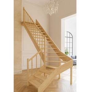 Casa Padrino Luxus Eck-Holztreppe mit Gelnder linke Seite Naturfarben H. 304 cm