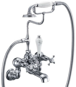 Casa Padrino Luxus Jugendstil Aufputz Badewannenarmatur Silber / Wei� H. 46,95 cm - Nostalgische Messing Badewannen Armatur mit Handbrause - Nostalgisches Badezimmer Zubeh�r