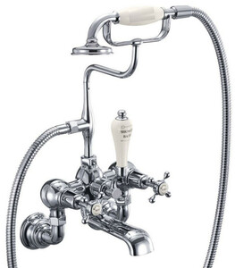 Casa Padrino Luxus Jugendstil Aufputz Badewannenarmatur Silber / Cremefarben H. 46,95 cm - Nostalgische Messing Badewannen Armatur mit Handbrause - Nostalgisches Badezimmer Zubeh�r