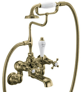 Casa Padrino Luxus Jugendstil Aufputz Badewannenarmatur Gold / Wei� H. 46,95 cm - Nostalgische Messing Badewannen Armatur mit Handbrause - Nostalgisches Badezimmer Zubeh�r