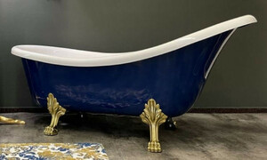 Casa Padrino Luxus Jugendstil Badewanne Saphirblau / Weiß / Gold 174 x 83 x H. 81 cm - Freistehende Retro Badewanne mit Löwenfüßen - Retro Badezimmer Möbel