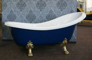 Casa Padrino Luxus Jugendstil Badewanne Wei / Saphirblau / Gold 174 x 83 x H. 81 cm - Freistehende Retro Badewanne mit Lwenfen - Retro Badezimmer Mbel
