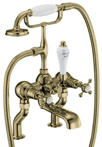 Casa Padrino Luxus Jugendstil Badewannenarmatur Gold / Wei� H. 50,3 cm - Nostalgische Messing Badewannen Armatur mit Handbrause - Nostalgisches Badezimmer Zubeh�r