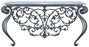 Casa Padrino Luxus Jugendstil Konsole Grau 150 x 45 x H. 90 cm - Handgefertigter Schmiedeeisen Konsolentisch mit Metall Tischplatte - Wohnzimmer Garten Terrassen Mbel