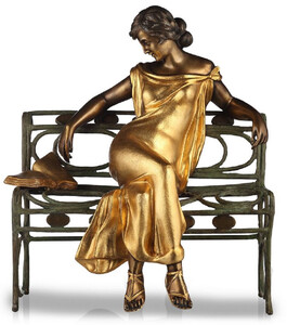 Casa Padrino Luxus Jugendstil Skulptur Dame auf Sitzbank Bronze mit Patina / Gold / Antik Gr�n H.65 cm - Handgefertigte Bronze Deko Figur - Luxus Qualit�t - Made in Italy