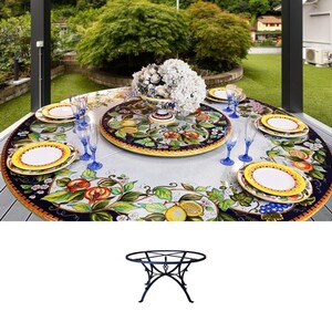 Casa Padrino Luxus Jugendstil Gartentisch Fr�chtegirlande Blau  180 cm - Runder Esstisch aus handbemaltem Lavastein - Gastronomie M�bel - Made in Italy