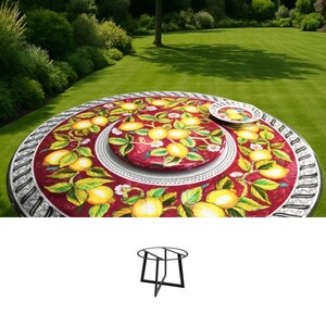 Casa Padrino Luxus Jugendstil Gartentisch Zitronen auf Rot  150 cm - Runder Esstisch aus handbemaltem Lavastein - Gastronomie M�bel - Made in Italy