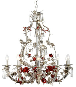 Casa Padrino Luxus Barock Kristall Kronleuchter Rosen & Blumen Silber / Rot  90 x H. 90 cm - Prunkvoller Metall Kronleuchter mit edlem Swarovski Kristallglas - Barock Leuchten