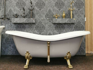 Casa Padrino Luxus Jugendstil Badewanne Wei� / Platingrau / Gold 188 x 83 x H. 69 cm - Freistehende Retro Badewanne mit L�wenf��en - Retro Badezimmer M�bel