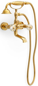 Casa Padrino Luxus Jugendstil Wannenbatterie mit Schlauch und Handbrause Gold - Badewannen Armatur mit Kristallglas - Nostalgisches Bad Zubehr